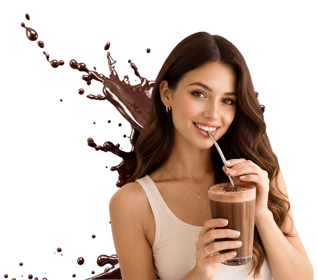 Femeie zâmbitoare degustând Chocolate Dreamzzz de la Biolab