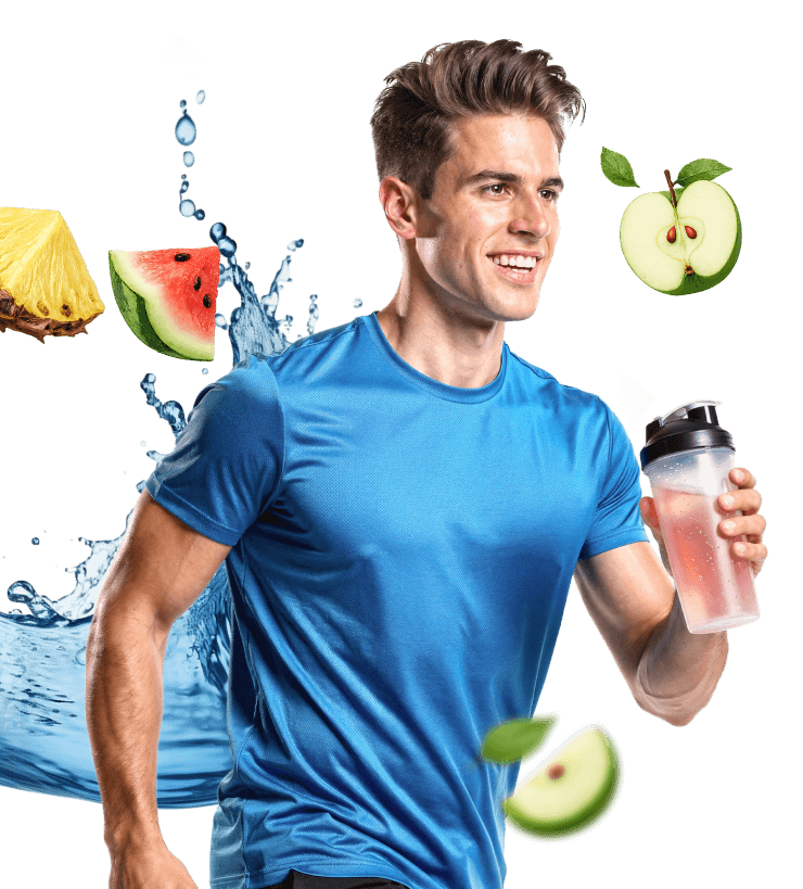 Un bărbat în echipament sport aleargă în timp ce ține un shaker.